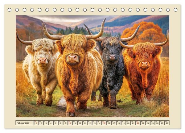 Produktbild: Schottische Hochlandrinder. Zwischen Nebel, Natur und rauer Pracht (Tischkalender 2026 DIN A5 quer), CALVENDO Monatskalender