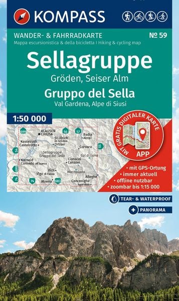 Produktbild: KOMPASS Wanderkarte 59 Sellagruppe, Gr&ouml;den, Seiser Alm / Gruppo del Sella, Val Gardena, Alpe di Siusi 1:50.000