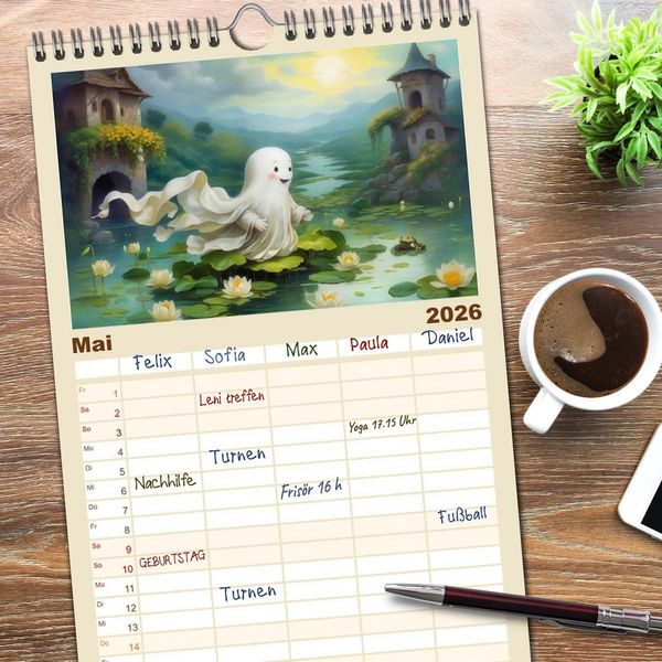 Produktbild: Familienplaner 2026 - Korbinian, der kleine Geist mit 5 Spalten (Wandkalender, 21 x 45 cm) CALVENDO