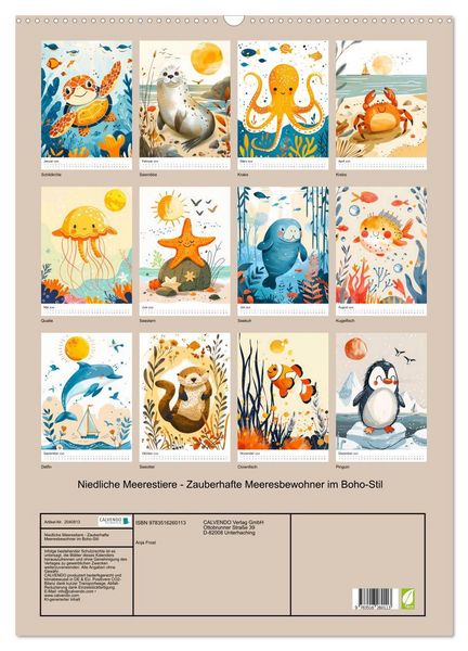 Produktbild: Niedliche Meerestiere - Zauberhafte Meeresbewohner im Boho-Stil (Wandkalender 2026 DIN A2 hoch), CALVENDO Monatskalender