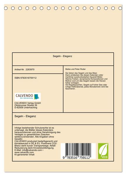 Produktbild: Segeln - Eleganz (Tischkalender 2027 DIN A5 hoch), CALVENDO Monatskalender