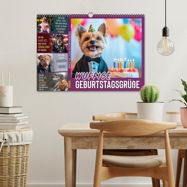 Produktbild: Wuffige Geburtstagsgr&uuml;&szlig;e SPR&Uuml;CHE ZUM &Auml;LTERWERDEN (Wandkalender 2026 DIN A3 quer), CALVENDO Monatskalender