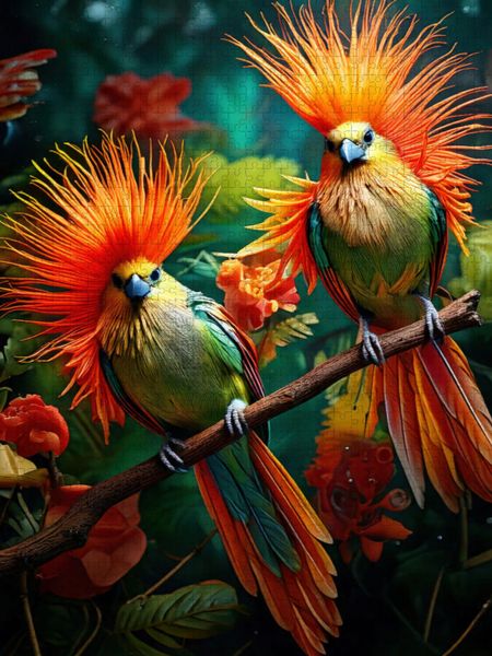 Produktbild: CALVENDO Puzzle Zwei Paradiesv&ouml;gel mit bunten leuchtenden Gefieder sitzen zwischen zarten Blumen | 1000 Teile Lege-Gr&ouml;&szlig;e 64x48cm Foto-Puzzle f&uuml;r gl&uuml;ckliche Stunden