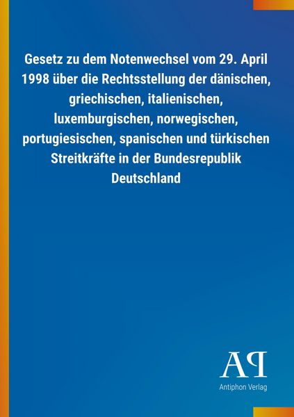 Produktbild: Gesetz zu dem Notenwechsel vom 29. April 1998 &uuml;ber die Recht