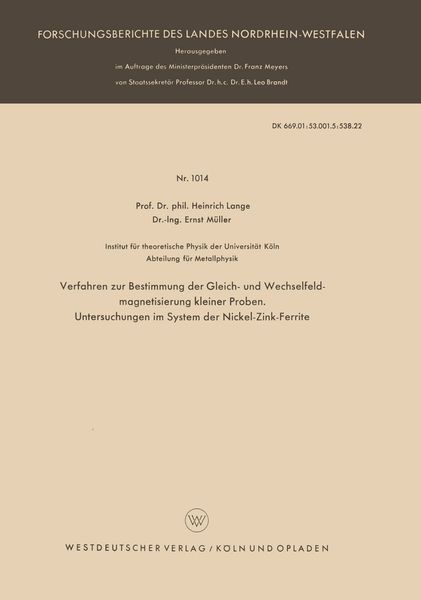 Produktbild: Verfahren zur Bestimmung der Gleich- und Wechselfeldmagnetisierung kleiner Proben. Untersuchungen im System der Nickel-Zink-Ferrite