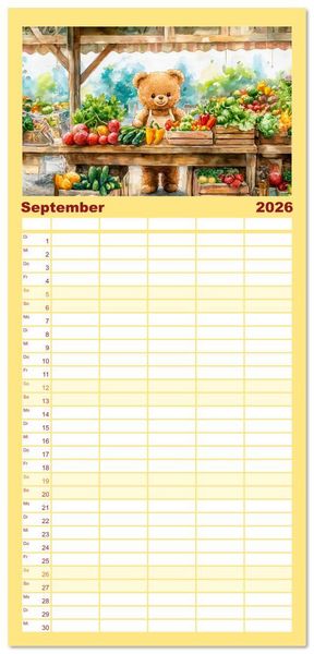 Produktbild: Familienplaner 2026 - Teddy auf dem Bauernhof - Entdecke das Landleben mit Tieren und Feldern mit 5 Spalten (Wandkalender, 21 x 45 cm) CALVENDO