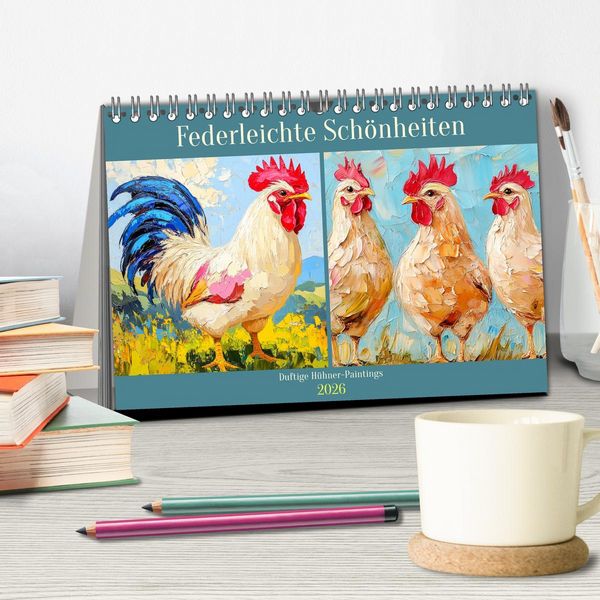Produktbild: Federleichte Sch&ouml;nheiten. Duftige H&uuml;hner-Paintings (Tischkalender 2026 DIN A5 quer), CALVENDO Monatskalender