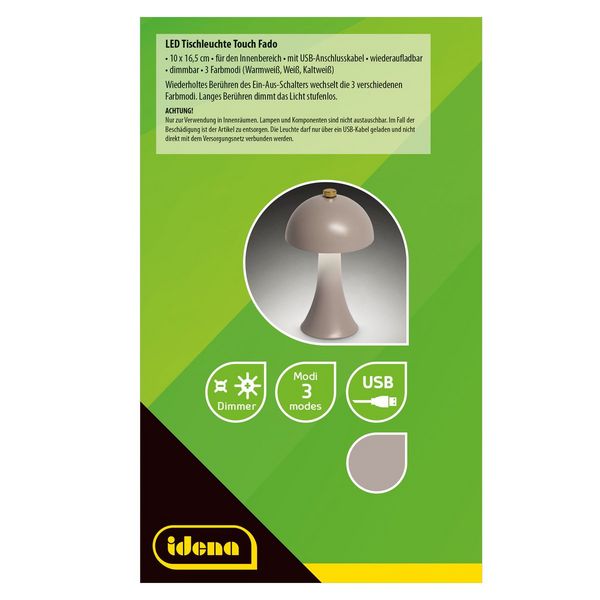 Produktbild: Idena LED Tischleuchte Touch Fado Metall grau 10x16,5cm Akku USB C dimmbar 3 Modi Innen