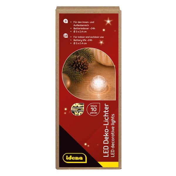 Produktbild: Idena Deko Lichter 3 LED warmwei&szlig; wasserfest silber &Oslash;3x2,4cm 10 St&uuml;ck Teelichter batteriebetrieben