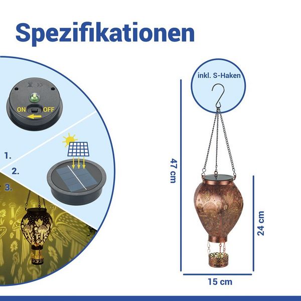 Produktbild: LED Solar-Hei&szlig;luftballon in Bronze-Optik, mit Pilzmuster-Lichtprojektion