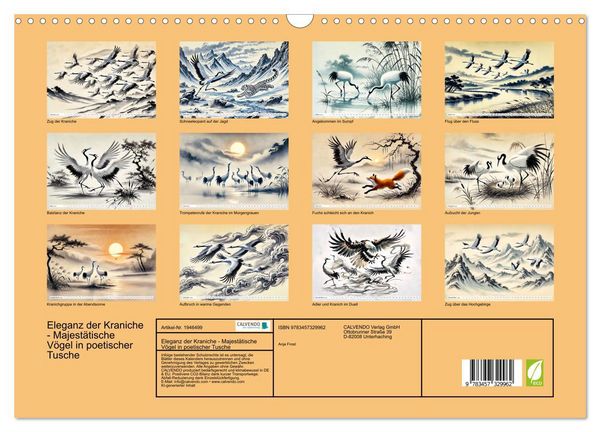 Produktbild: Eleganz der Kraniche - Majest&auml;tische V&ouml;gel in poetischer Tusche (Wandkalender 2026 DIN A3 quer), CALVENDO Monatskalender
