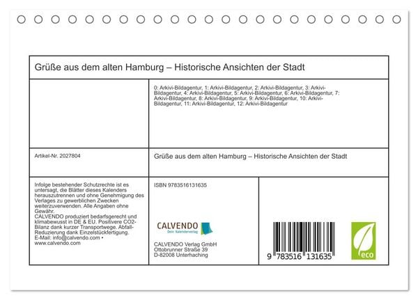 Produktbild: Gr&uuml;&szlig;e aus dem alten Hamburg &ndash; Historische Ansichten der Stadt (Tischkalender 2026 DIN A5 quer), CALVENDO Monatskalender