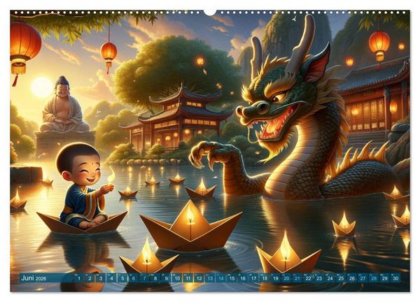Produktbild: M&ouml;nch und Drache: Vier Jahreszeiten im Tempelgarten (hochwertiger Premium Wandkalender 2026 DIN A2 quer), Kunstdruck in Hochglanz