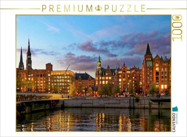 CALVENDO Puzzle Abendlich beleuchtete Kontorhäuser über dem Brooktorhafen | 1000 Teile Lege-Größe 64x48cm Foto-Puzzle für glückliche Stunden