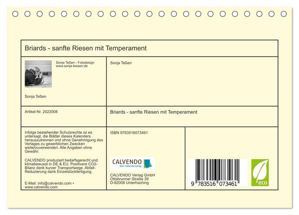 Produktbild: Briards - sanfte Riesen mit Temperament (Tischkalender 2026 DIN A5 quer), CALVENDO Monatskalender