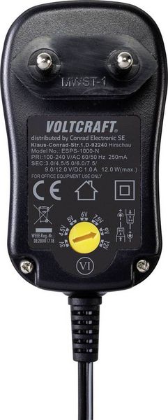 Produktbild: VOLTCRAFT VC-11320925 Steckernetzteil, einstellbar 3 V/DC, 4.5 V, 5 V/DC, 6 V/DC, 7.5 V/DC, 9 V/DC, 12 V/DC 1 A 12 W