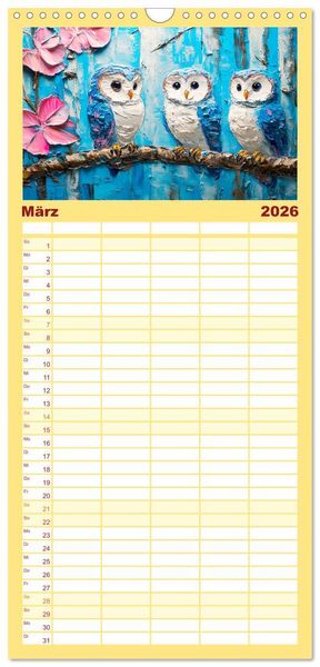 Produktbild: Familienplaner 2026 - Eulen. Entz&uuml;ckende Paintings mit 5 Spalten (Wandkalender, 21 x 45 cm) CALVENDO