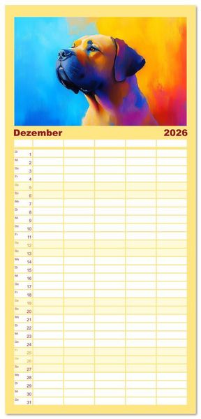 Produktbild: Familienplaner 2026 - Kraftvolle Partner. Hunde in k&uuml;nstlerischer &Ouml;loptik mit 5 Spalten (Wandkalender, 21 x 45 cm) CALVENDO