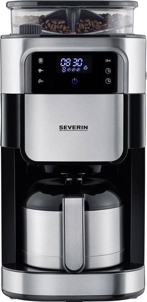 Produktbild: Severin Filterkaffeemaschine mit Mahlwerk und Edelstahl-Thermokanne, Kaffeemaschine Schwarz, Edelstahl (geb&uuml;rstet) Fassungsverm&ouml;gen Tassen=8 Displa