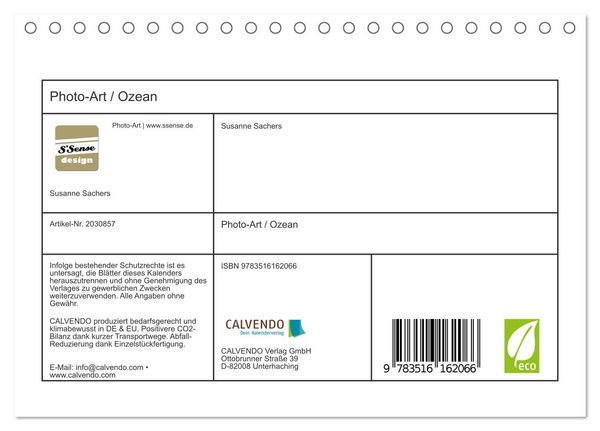 Produktbild: Photo-Art / Ozean (Tischkalender 2026 DIN A5 quer), CALVENDO Monatskalender