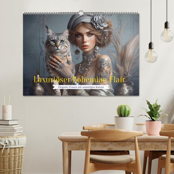 Produktbild: Luxuri&ouml;ser Bohemian Flair - Elegante Frauen mit anmutigen Katzen (Wandkalender 2026 DIN A2 quer), CALVENDO Monatskalender