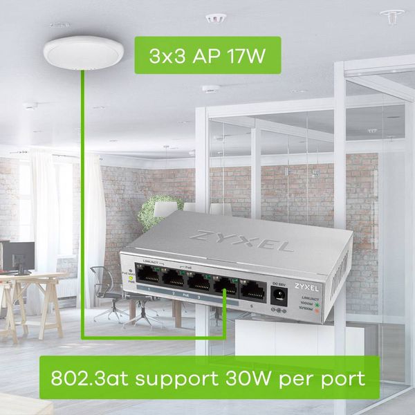 Produktbild: ZyXEL GS1005HP-EU0101F GS1005HP-EU0101F Netzwerk Switch 5 Port 2000MBit/s PoE-Funktion