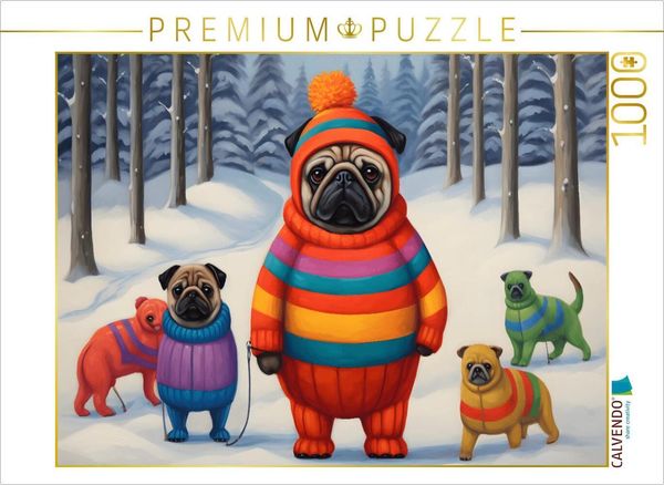 Produktbild: CALVENDO Puzzle Winterlich angezogene Hunde spazieren durch den Wald im Schnee | 1000 Teile Lege-Gr&ouml;&szlig;e 64x48cm Foto-Puzzle f&uuml;r gl&uuml;ckliche Stunden