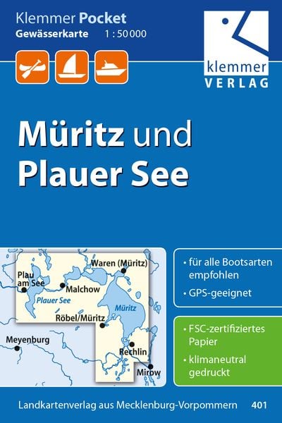 Produktbild: Klemmer Pocket Gew&auml;sserkarte M&uuml;ritz und Plauer See 1:50.000
