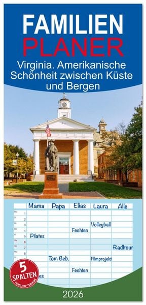 Produktbild: Familienplaner 2026 - Virginia. Amerikanische Sch&ouml;nheit zwischen K&uuml;ste und Bergen mit 5 Spalten (Wandkalender, 21 x 45 cm) CALVENDO