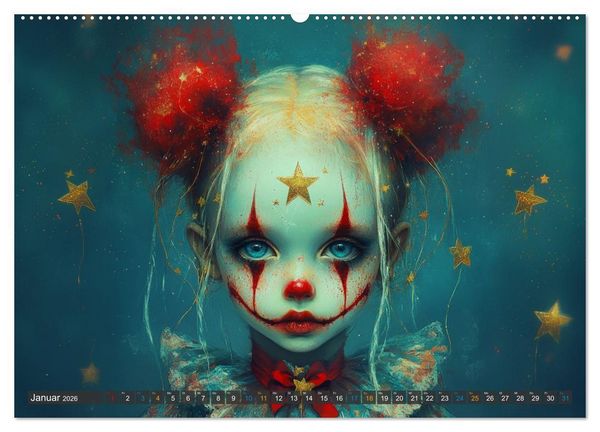 Produktbild: Clowniversum - Wo die Masken Geschichten erz&auml;hlen (hochwertiger Premium Wandkalender 2026 DIN A2 quer), Kunstdruck in Hochglanz