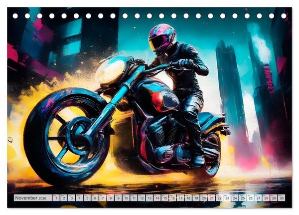 Produktbild: DYNAMIC STREET SCENES AI-generated motorbikes (Desk Calendar 2026 DIN A5 landscape), CALVENDO 12 Month DeskCalendar
