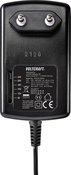 Produktbild: VOLTCRAFT VC-11335620 Steckernetzteil, einstellbar 9 V/DC, 12 V/DC, 15 V/DC, 18 V/DC, 20 V/DC, 24 V/DC 1.5 A 24 W Ausgangsspannung regelbar