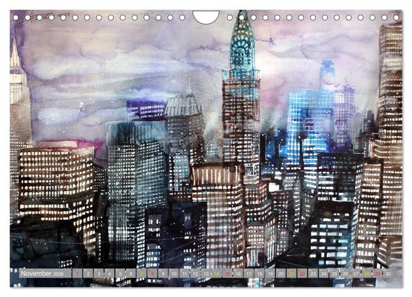Produktbild: New York Watercolor Citylights (Wandkalender 2026 DIN A4 quer), CALVENDO Monatskalender