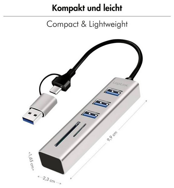 Produktbild: LogiLink UA0445 USB-Hub 3 Port USB-A, SDHC, microSDHC USB 3.0 5 GBit/s Aluminium UA0445