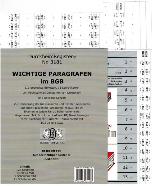 DürckheimRegister BGB - 111 WICHTIGE §§ im BGB, von Constantin Dürckheim, Dürckheim Verlag, 978-3-86453-318-1