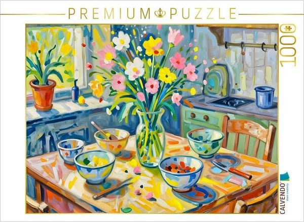 CALVENDO Puzzle Farbenstrauß - Tisch mit Blumenstrauß | 1000 Teile Lege-Größe 64x48cm Foto-Puzzle für glückliche Stunden