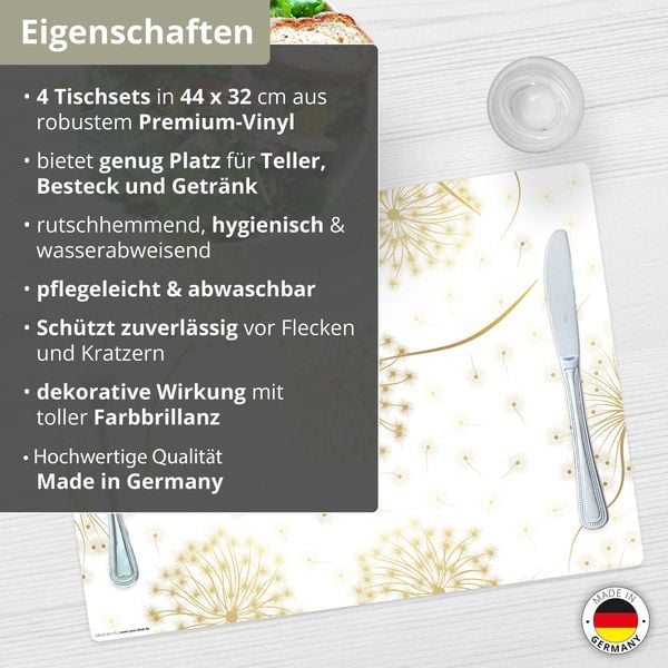 Produktbild: Tischsetmacher Tischsets Goldene Pusteblume, aus hochwertigem Vinyl (4 St&uuml;ck), 44 x 32 cm