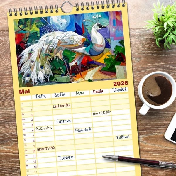 Produktbild: Familienplaner 2026 - Farbenfrohe Tierbilder mit 5 Spalten (Wandkalender, 21 x 45 cm) CALVENDO