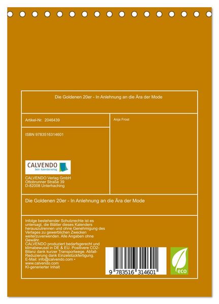 Produktbild: Die Goldenen 20er - In Anlehnung an die &Auml;ra der Mode (Tischkalender 2026 DIN A5 hoch), CALVENDO Monatskalender