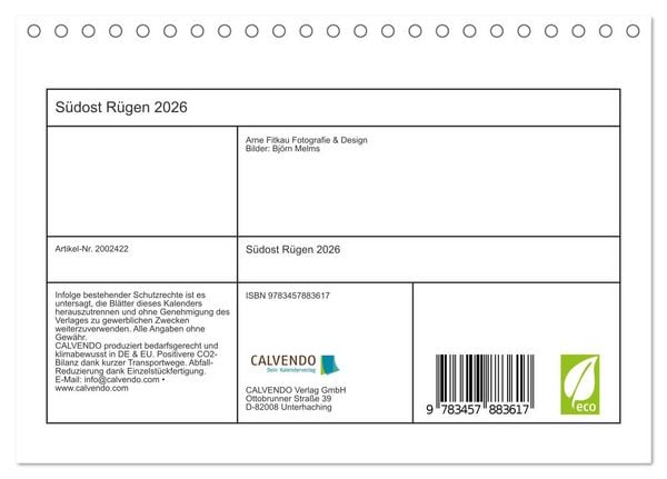 Produktbild: S&uuml;dost R&uuml;gen 2026 (Tischkalender 2026 DIN A5 quer), CALVENDO Monatskalender