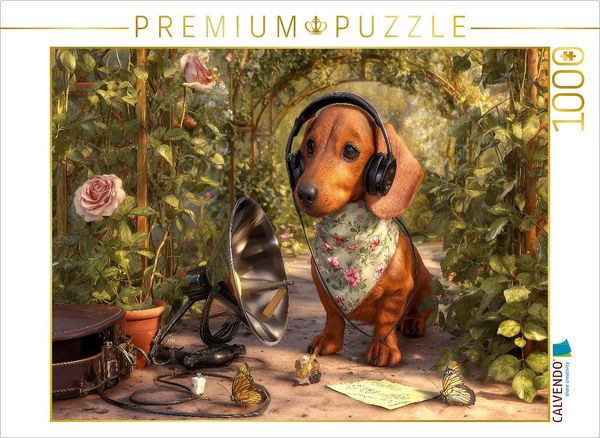 Produktbild: CALVENDO Puzzle Dackel mit Abh&ouml;ranlage im Rosengarten auf geheimer Mission | 1000 Teile Lege-Gr&ouml;&szlig;e 64x48cm Foto-Puzzle f&uuml;r gl&uuml;ckliche Stunden