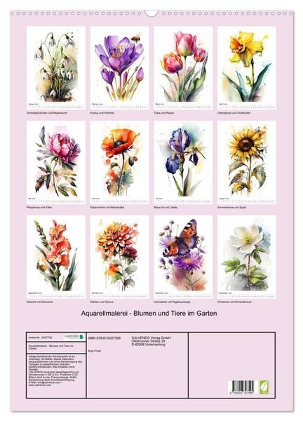 Produktbild: Aquarellmalerei - Blumen und Tiere im Garten (Wandkalender 2026 DIN A2 hoch), CALVENDO Monatskalender
