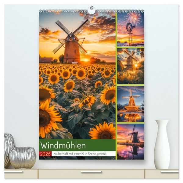 Produktbild: Windm&uuml;hlen - Zauberhaft mit einer KI in Szene gesetzt (hochwertiger Premium Wandkalender 2026 DIN A2 hoch), Kunstdruck in Hochglanz