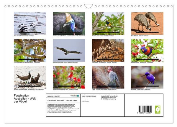 Produktbild: Faszination Australien - Welt der V&ouml;gel (Wandkalender 2026 DIN A3 quer), CALVENDO Monatskalender