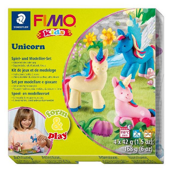 Produktbild: STAEDTLER FIMO kids 8034, ofenh&auml;rtende Modelliermasse, Set Unicorn mit 4 Bl&ouml;cken 42 g, Modellierstab