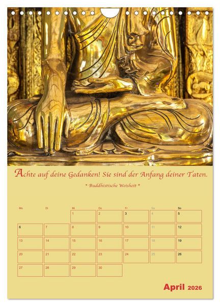 Produktbild: BUDDHA IN GOLD - Mit buddhistischen Spr&uuml;chen (Wandkalender 2026 DIN A4 hoch), CALVENDO Monatskalender