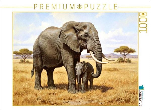 Produktbild: CALVENDO Puzzle Elefant mit Jungtier als Gem&auml;lde | 1000 Teile Lege-Gr&ouml;&szlig;e 64x48cm Foto-Puzzle f&uuml;r gl&uuml;ckliche Stunden