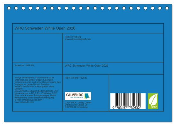 Produktbild: WRC Schweden White Open 2026 (Tischkalender 2026 DIN A5 quer), CALVENDO Monatskalender