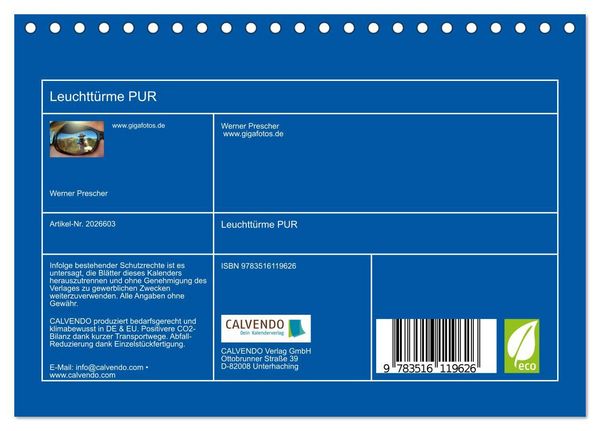 Produktbild: Leuchtt&uuml;rme PUR (Tischkalender 2026 DIN A5 quer), CALVENDO Monatskalender
