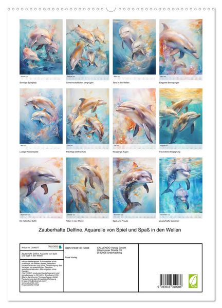 Produktbild: Zauberhafte Delfine. Aquarelle von Spiel und Spa&szlig; in den Wellen (hochwertiger Premium Wandkalender 2026 DIN A2 hoch), Kunstdruck in Hochglanz